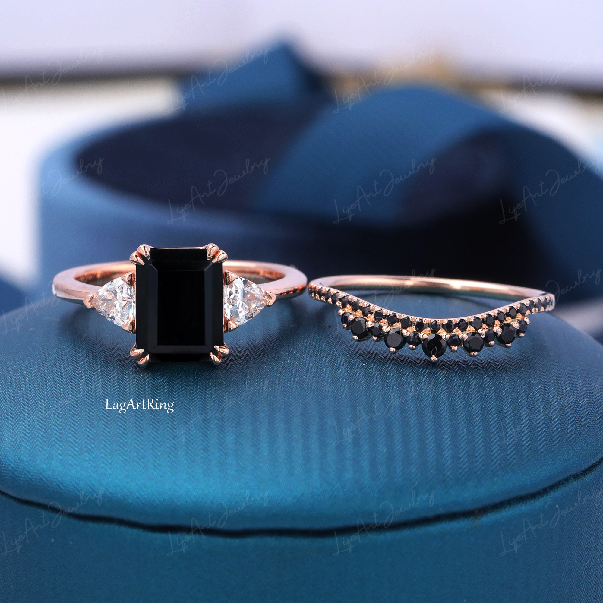 2pcs Emerald Cut Black Onyx Engagement Ring Set Rose Gold - Etsy