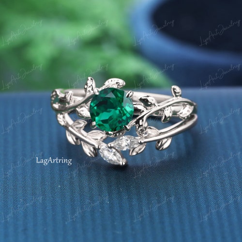 Unique Lab created Emerald Engagement Ring,Vintage white gold Engagement Ring,Nature Inspired Leaf and vine Ring,bridal ring set for shops her