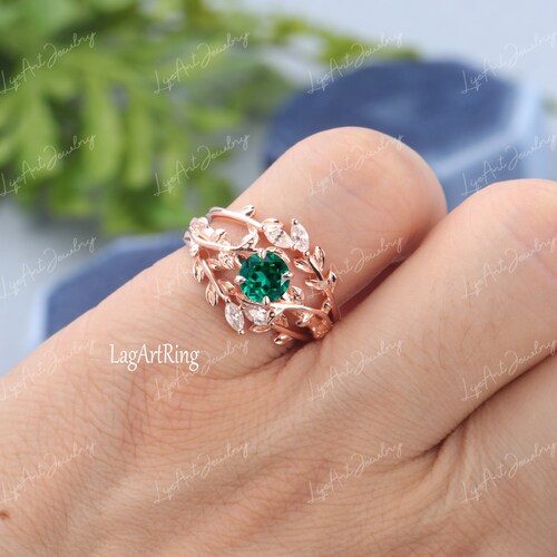 Unique Lab created Emerald Engagement Ring,Vintage white gold Engagement Ring,Nature Inspired Leaf and vine Ring,bridal ring set for shops her