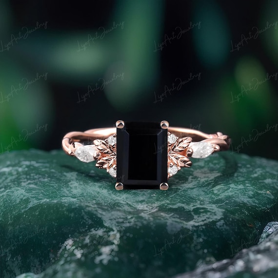 Emerald cut Black Onyx engagement ring Solid 14K rose gold Promise Ring Vintage Twist ring Unique Nature Inspired Leaf Ring Anniversary