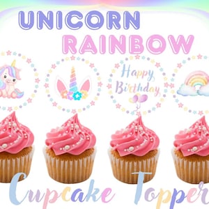 Unicorn Rainbow birthday cupcake toppers digital download