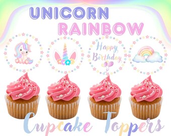 Adornos para cupcakes de cumpleaños de unicornio arcoíris (descarga digital)