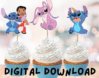 Adornos para cupcakes de Stitch y sus amigos, pegatinas, descarga digital