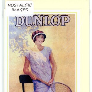 c.1935 Dunlop tennis poster. A nostalgic, pretty, unusual hand made greeting card in 2 sizes. Blank inside for many occasions.   3734