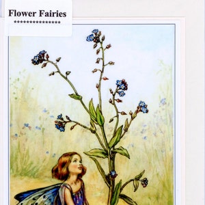 La fée des myosotis. Une jolie carte de voeux nostalgique faite à la main, qui convient à de nombreuses occasions et à tous les âges. Blanc à l'intérieur.    1226