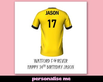 Biglietto di auguri di compleanno personalizzato con la maglia da calcio del Watford