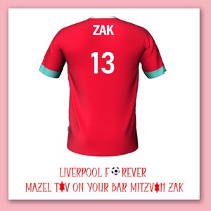 Carte de bar mitzvah de l'équipe de football de Liverpool/carte de barmitzvah de maillot de football personnalisé de Liverpool/carte de bar mitzvah de football de Liverpool