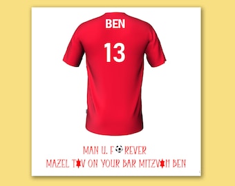 Manchester United football shirt bar mitzvah card/Man U personalised footballbarmitzvah card/Manchester U bar mitzvah card/man u card