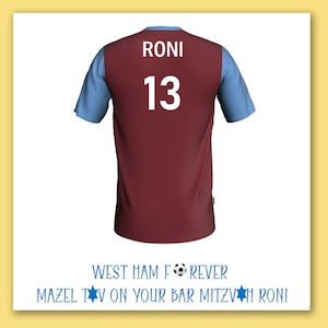Tarjeta de bar mitzvah de camiseta de fútbol de West Ham/tarjeta de barmitzvah de equipo de fútbol personalizado de West Ham/tarjeta de bar mitzvah de fútbol de West Ham