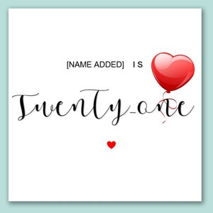 Tarjeta de cumpleaños número veintiún/tarjeta de cumpleaños número 21/tarjeta personalizada de cumpleaños número 21/tarjeta de aniversario con globo en forma de corazón número veintiún/cumpleaños número 21