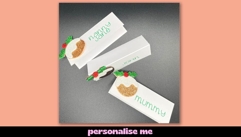10 tarjetas de nombre personalizadas para mesas, postres navideños: decoración navideña con purpurina (juego de 10)