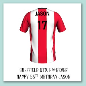 Tarjeta de cumpleaños de fútbol de Sheffield/tarjeta de camiseta de fútbol personalizada de Sheffield para cumpleaños/tarjeta de camiseta de fútbol de Sheffield/tarjeta de Sheffield