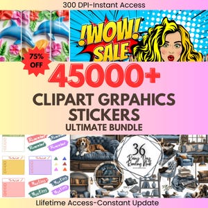 Peut inclure: Un ensemble d'art numérique avec plus de 45 000 graphiques clipart et autocollants. L'image comprend un graphique "WOW! SALE", des motifs de dauphins et de fleurs, et diverses illustrations. Le texte comprend "Ultimate Bundle" et "Lifetime Access".