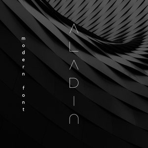 May include: A black and white image of a modern font design. The word "ALADIN" is spelled out using geometric shapes. The background is a black, textured surface.