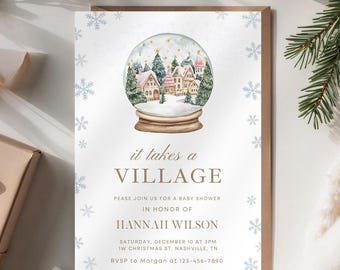Könnte beinhalten: Eine Babyparty-Einladung mit einem Aquarell-Schneeglobus-Design. Die Einladung enthält den Text "it takes a VILLAGE" und Veranstaltungsdetails. Die Einladung ist von Schneeflocken und einem braunen Rand umgeben.