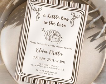 Bun in the Oven Baby Shower Invitation, Editable Hand Drawn Invite, Whimsical Gender Neutral Baby Shower, Coquette Bow Aesthetic