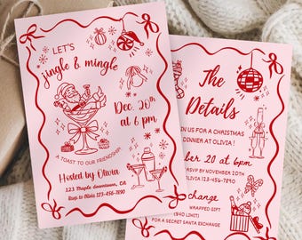 Invitación a fiesta navideña Jingle & Mingle: Cóctel navideño festivo dibujado a mano con un toque caprichoso. Cena navideña con temática de amigos y Martini de Papá Noel.