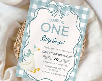 Invitación de cumpleaños de One Silly Goose, invitación editable de One Silly Goose para primer cumpleaños, azul.