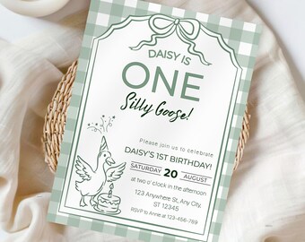 One Silly Goose Birthday Invite, 1st Birthday Editable One Silly Goose Invitation, Green One Silly Goose Birthday Invitation
