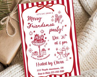 Friendsmas Christmas Party Invitation Template Whimsical Hand Drawn Festive Cocktail Xmas Holiday Invite, Digital Canva Download