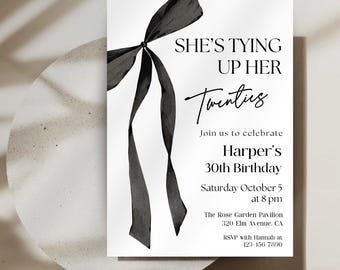 Invito per il 30° compleanno di Coquette, fiocchi, modello Canva modificabile (download digitale)
