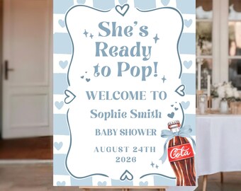 She's Ready to Pop Baby Shower Welcome Sign, Boy Baby Shower, Editable Template, Blue Soda Pop Baby Shower Decor, Blue Coquette Bow #BS104