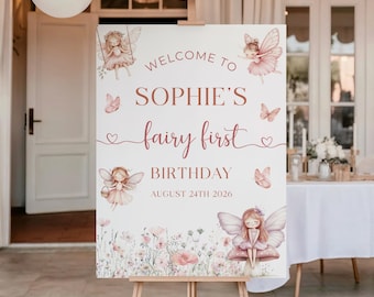 Letrero de bienvenida para el primer cumpleaños de hadas, Letrero de primer cumpleaños de niña con temática de hadas, Tema de hadas de jardín, Primer cumpleaños de niña con temática de fantasía, Descarga digital E110