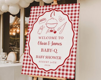 Baby Q Shower Welcome Sign Template, Baby-Q Backyard Baby Shower Party, BBQ Baby Shower Gender Neutral Red Gingham, Digital Download #BBQ02