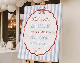 Letrero de bienvenida para baby shower "Red White and Due", baby shower con temática del 4 de julio, decoración patriótica para baby shower, plantilla de Canva n.° BL102