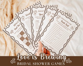 Love Is Brewing Bridal Shower Games Bundle, Coffee Theme Bachelorette Activities, Coffee Bridal Games, Editable in Canva BC25