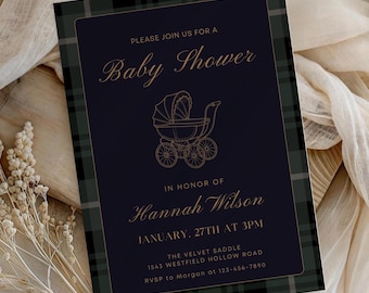 Classic Polo Baby Shower Invitation, Vintage Baby Carriage, Plaid Elegant Baby Shower Invite, Editable Canva Template, Digital Download