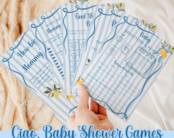 Ciao Baby Italiaanse babyshowerspelletjesbundel, blauwe Ciao bambino-citroen babyshowerspelletjesbundel, bewerkbaar in canvas #BL26