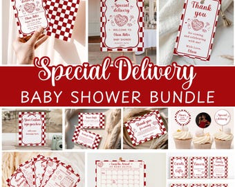 Paquete especial para baby shower, invitación digital editable con temática de pizza italiana dibujada a mano "Slice Slice Baby" (SD101)