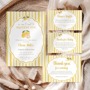 May include: A set of baby shower invitations and cards with a lemon theme. The main invitation features text "we can't wait to SQUEEZE YOU" and event details. Additional cards include "Diaper Raffle," "Books for Baby," and "Thank you for coming."