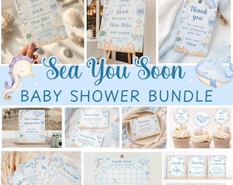 Sea You Soon Baby Shower Bundle, Under the Sea Invite, Baby Shower Bundle, Gender Neutral Ocean Invitation Set, Editable Canva #SE13