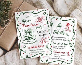 Invitación a la fiesta de Navidad de Friendsmas, invitación editable e imprimible para fiestas navideñas, invitación a la fiesta de Navidad dibujada a mano con un toque caprichoso, fiesta navideña