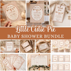 May include: A baby shower stationery bundle featuring a brown and white gingham pattern with illustrations of baby clothes on a clothesline. The set includes invitations, welcome signs, thank you tags, game cards, cupcake toppers, and signage.