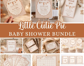May include: A baby shower stationery bundle featuring a brown and white gingham pattern with illustrations of baby clothes on a clothesline. The set includes invitations, welcome signs, thank you tags, game cards, cupcake toppers, and signage.