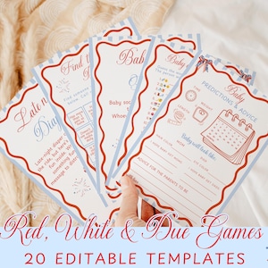 May include: A collection of baby shower game cards with red, white, and blue decorative borders. The cards feature various game prompts and spaces for predictions and advice. The text "Red, White & Due Games" is displayed.