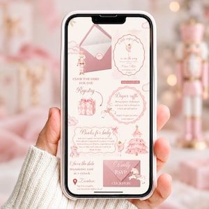 Könnte beinhalten: Ein Smartphone-Bildschirm zeigt eine digitale Babyparty-Einladungsvorlage in Rosatönen. Das Design enthält Illustrationen eines Nussknackers, einer Ballerina, eines Einhorns und eines Weihnachtsbaums sowie Text, einschließlich RSVP und Registry.