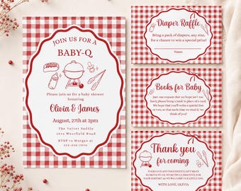 Paquete de baby shower con temática de barbacoa, libros de invitaciones para fiestas en el jardín con temática de Baby-Q para rifa de pañales, estampado de cuadros rojos neutros en cuanto al género, descarga digital #BBQ02