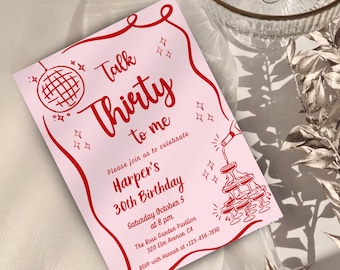 Talk Thirty To Me Women Birthday Party Invitation, Pink and Red Retro Vintage 30th Birthday Invite, Dirty Thirty Birthday Invitation C127