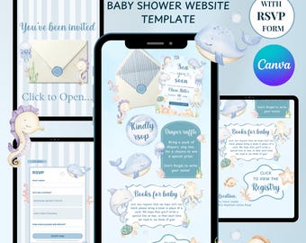 Plantilla web para invitación de baby shower "Sea You Soon", invitación editable con confirmación de asistencia bajo el mar, género neutro #SE13