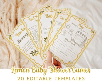 Paquete de juegos para baby shower "We Can't Wait to Squeeze You", juegos para baby shower con temática de limón, baby shower con temática cítrica, editable en Canva #BY45