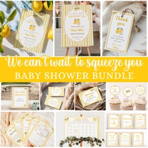 Lemon Baby Shower Bundle, We Can't Wait to Squeeze You Baby Shower Bundle, Gender Neutral Lemon Citrus Invitation Set, Editable Canva #BY45