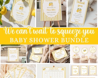 Paquete de invitación para baby shower con temática de limón, Paquete de invitación para baby shower "We Can't Wait to Squeeze You", Conjunto de invitaciones cítricas de limón unisex, Canva editable #BY45