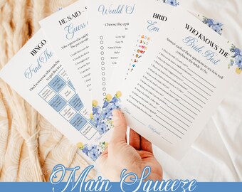 Paquete de juegos para despedida de soltera "She Found Her Main Squeeze": Tema mediterráneo azul limón, 20 juegos (editables en Canva) #MS103