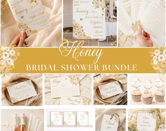 May include: A bridal shower stationery bundle featuring a honey bee and yellow floral theme. The set includes invitations, welcome signs, game cards, thank you tags, recipe cards, and cupcake toppers, all decorated with gold text and bee illustrations.