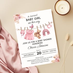 Girl Baby Clothes Baby Shower Invitation A sweet baby Girl is on her way Laundry Pink Floral Boho Baby Editable Digital Template
