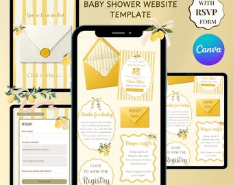 Lemon Baby Shower Invitation Website Template, We Can't Wait to Squeeze You Invite with RSVP, Gender Neutral #BY45